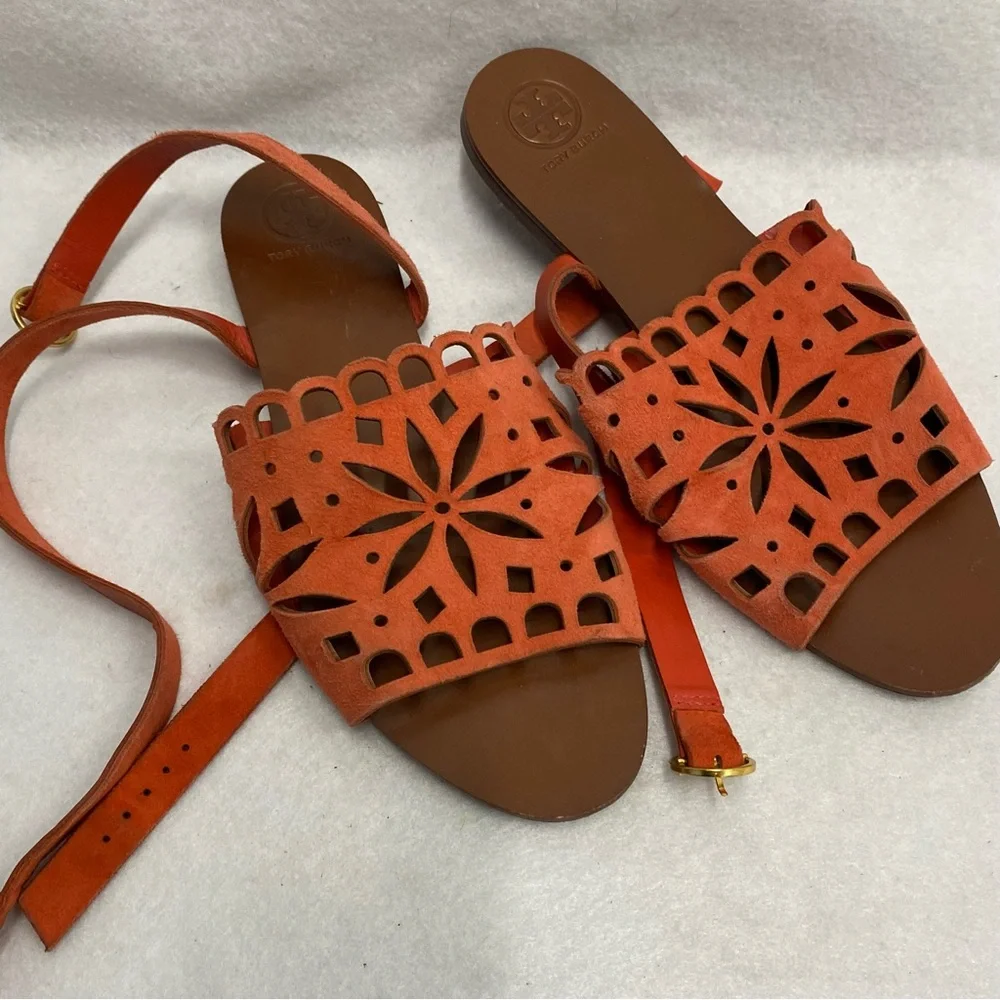 Tory Burch May Flat Sandals,Poppy Orange 7.5 - Picture 1 of 6